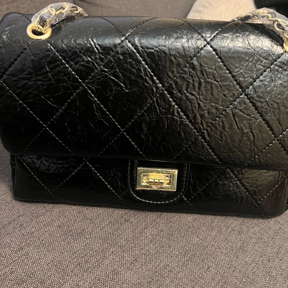Classic Quilted Black Shoulder Bag with Gold Hardware
